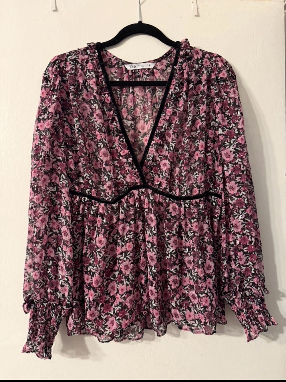 ZARA Semi-Sheer Pink, Black White Floral V-Neck Peplum Blouse Sz L